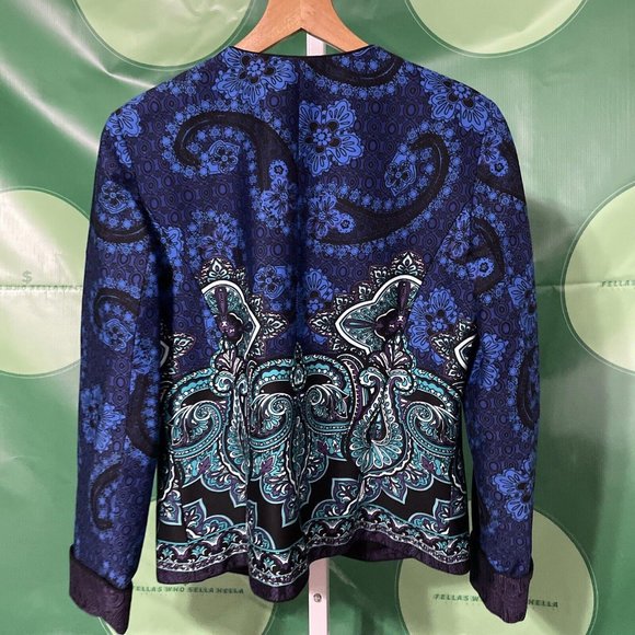 COLDWATER CREEK Women's open front blazer in MULTI BLUES ABSTRACT sz 8 - VGUC - Picture 11 of 15